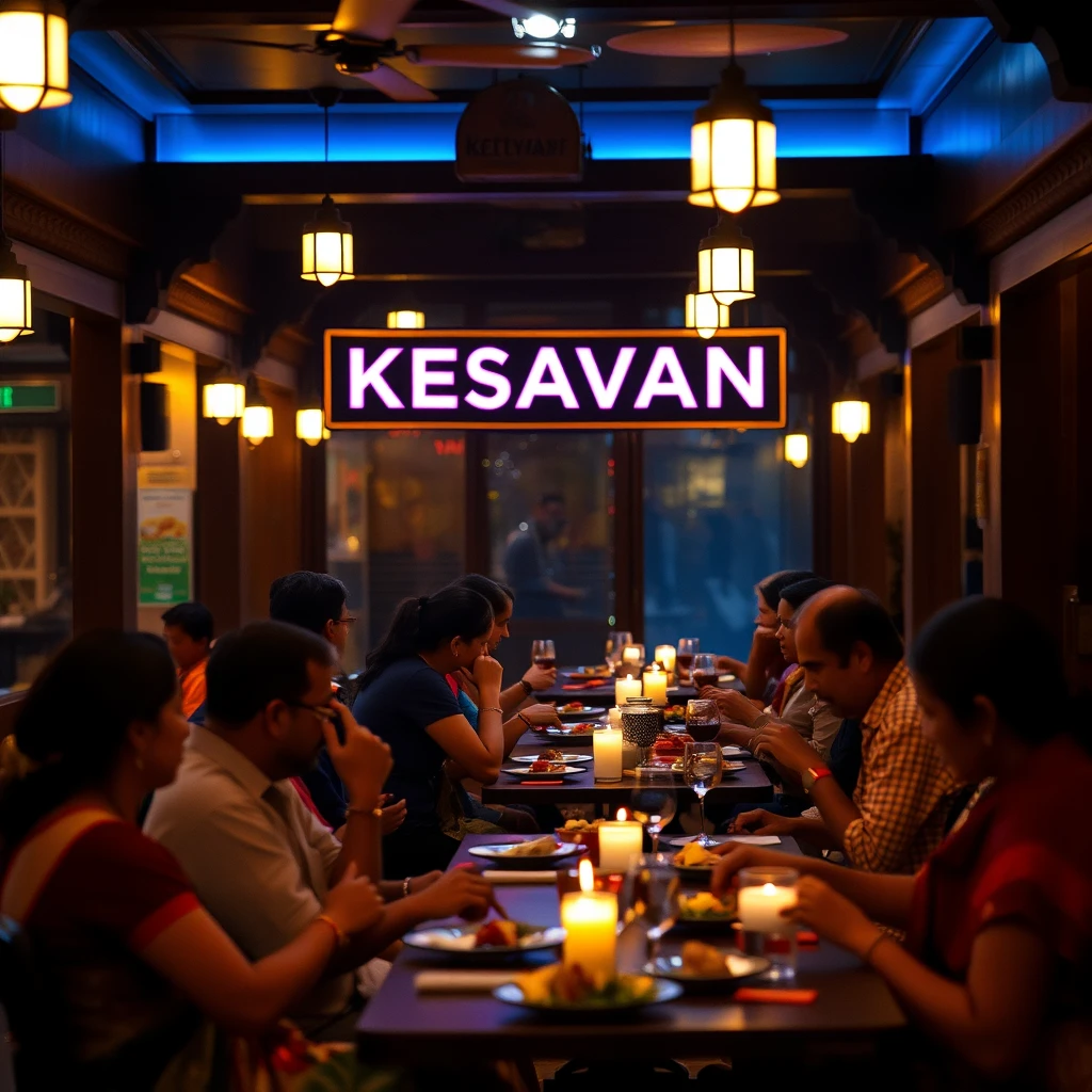 Scenery of Indian people eating in a traditional aesthetic Chettinad interior Indian restaurant with signage reading "KESAVAN", bokeh, golden hour, dark blue and maroon theme color. - Image