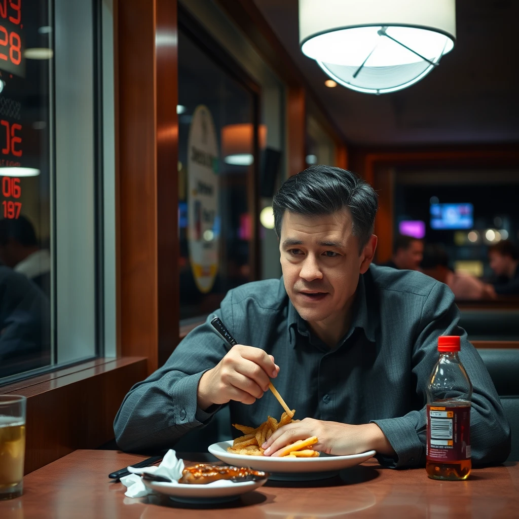 At 2 AM, a white-collar worker is eating in a restaurant.