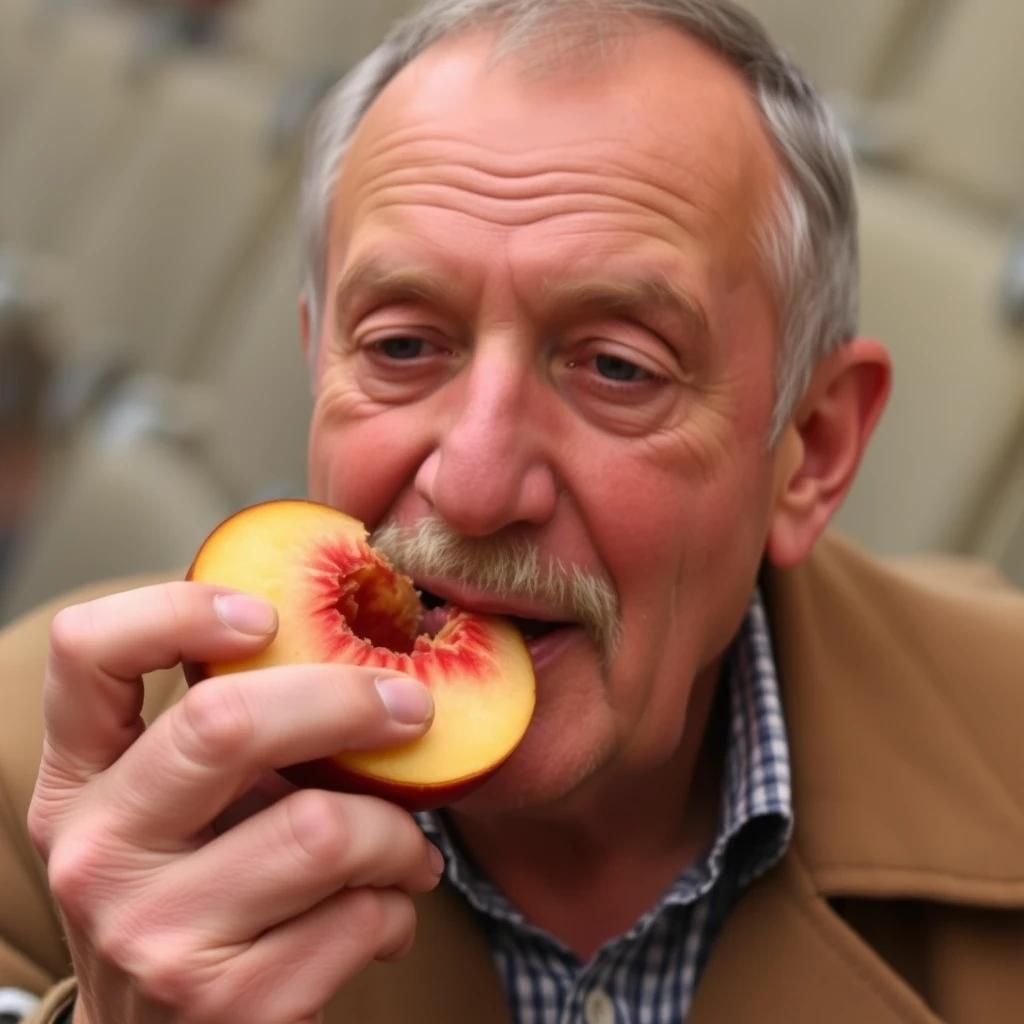 Viktor Orban enjoying a fresh slice of peach - Image