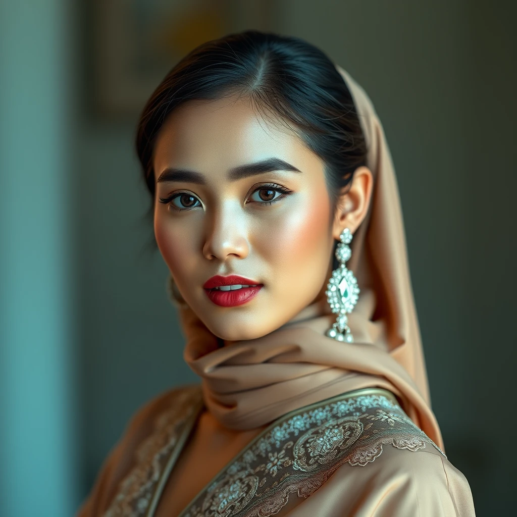 "Create an image of a beautiful Indonesian woman with fair skin. She should be portrayed in an elegant and tasteful manner, reflecting both beauty and confidence. Her attire should be stylish and sophisticated, highlighting her grace and poise. Ensure that the image is respectful and artistic, with a focus on showcasing her features and attire in a refined way. 8K HD"