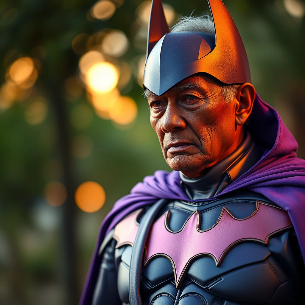 A Malay old man, wearing a purple Batman suit, intricate detail, bokeh, golden hour.