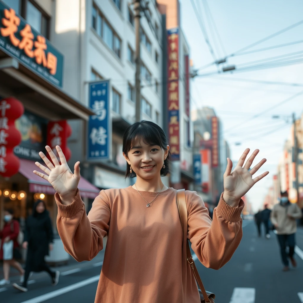 Asian woman holding hands out in middle of the street