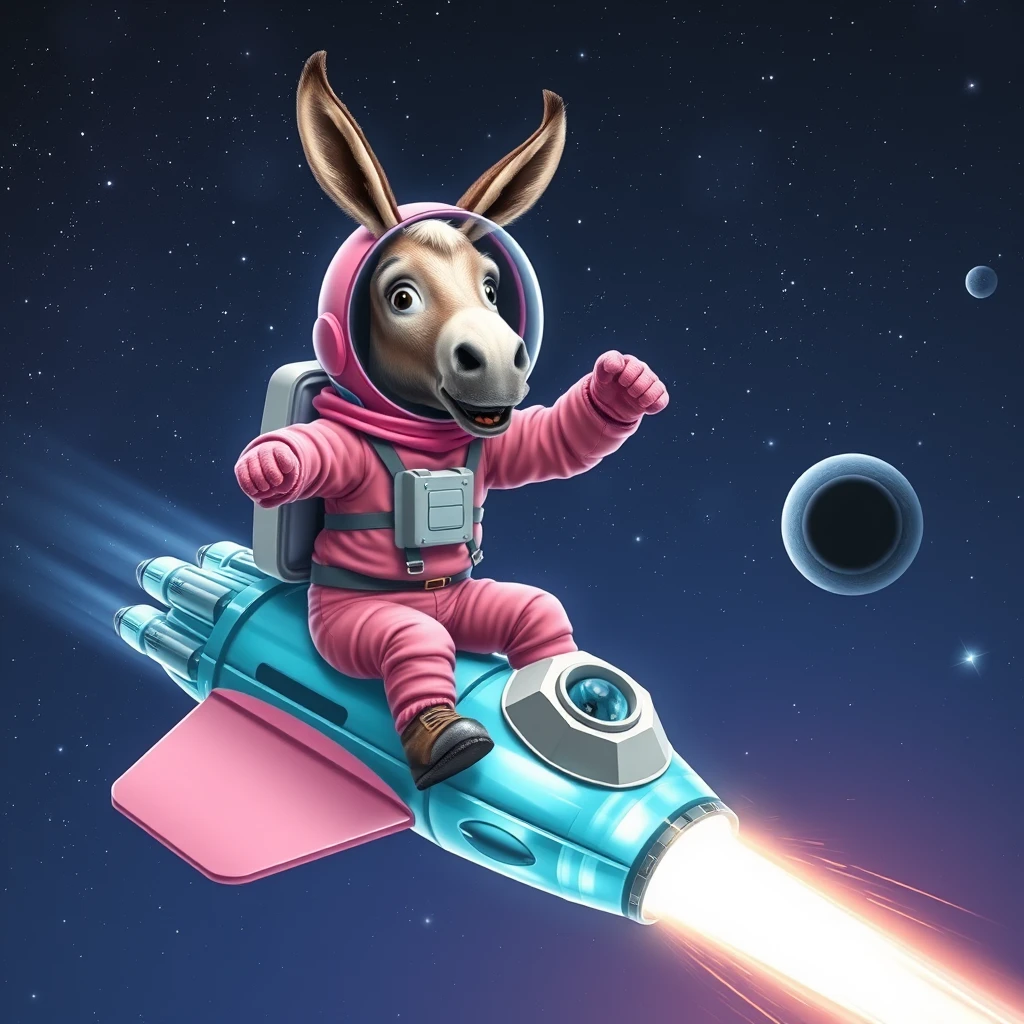 An ambitious donkey wearing pink astronaut costume, riding on a crystal light cyan stunning spaceship, making a punching gesture, flying to the outerspace under a clear night sky with lots of shining stars, passing by a huge black-hole. Realistic style.