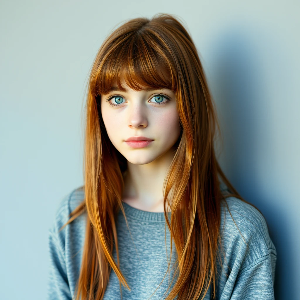 redhead teenage girl with long hair and bangs, green eyes, short and skinny