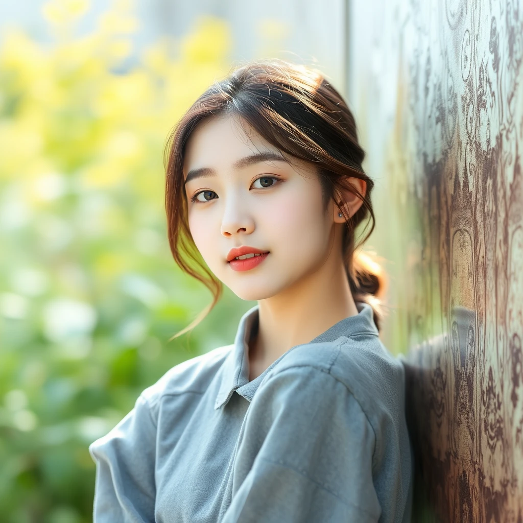 A beautiful Korean woman, ulzzang, wearing a grey shirt.