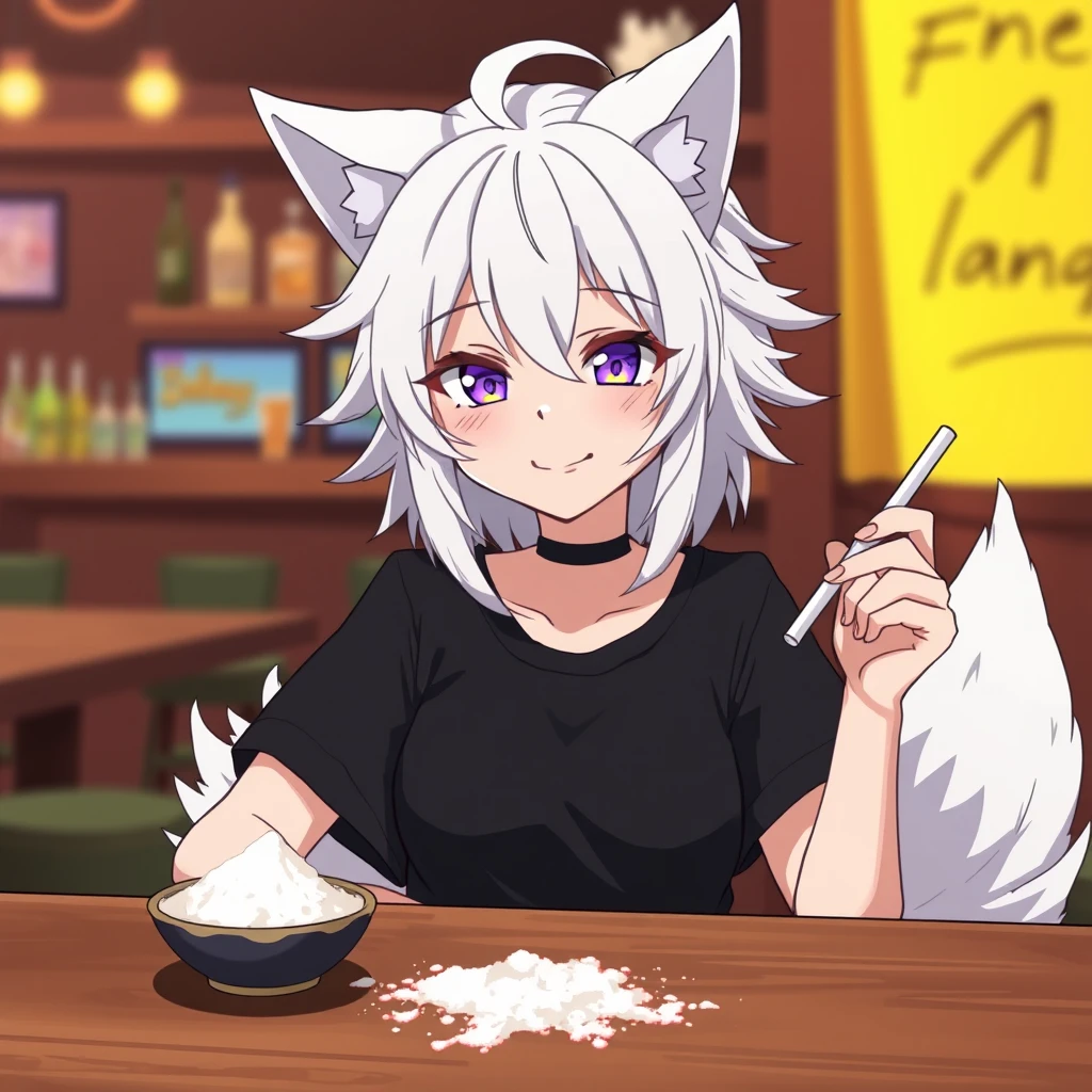 Anime woman with fluffy wolf ears and a fluffy tail, white messy medium hair, purple eyes, wearing a black t-shirt, sitting at the table in a bar. On the table is a little bit of flour. The girl looks with a big crazy smile at the flour and has a straw in her right hand. - Image