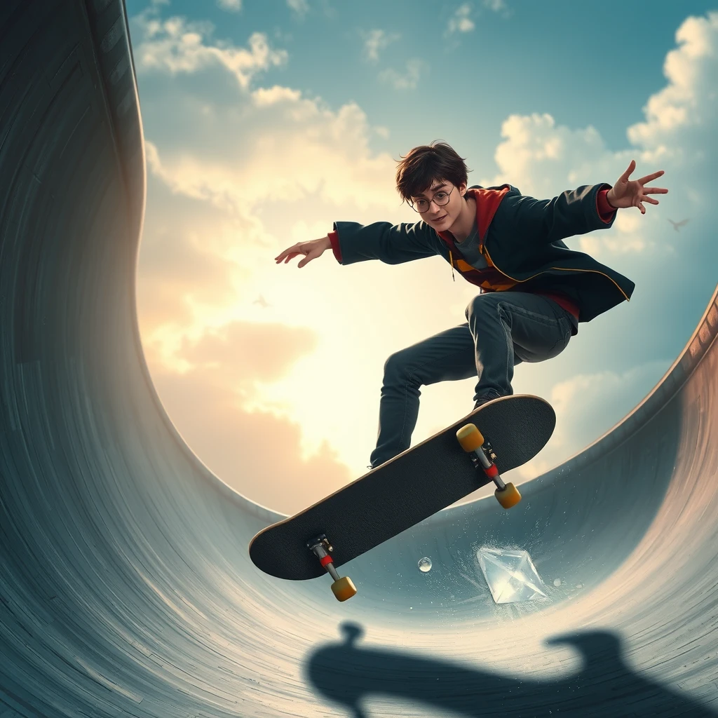 Photo realistic: Harry Potter with skateboard in the halfpipe. - Image