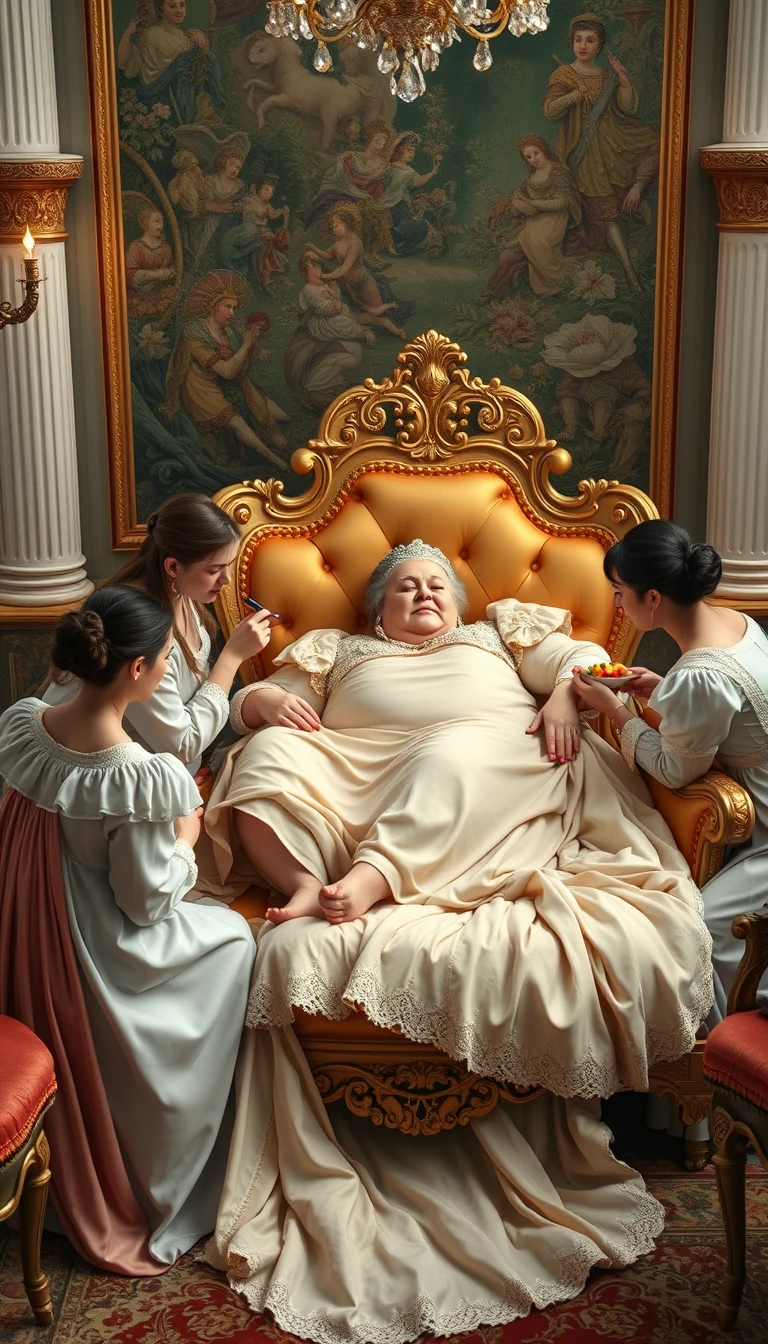 The plump queen lay on a luxurious and exquisite chaise longue, while some palace maids massaged her back, some fed her fruit, some did her nails, and some gave her foot massages.