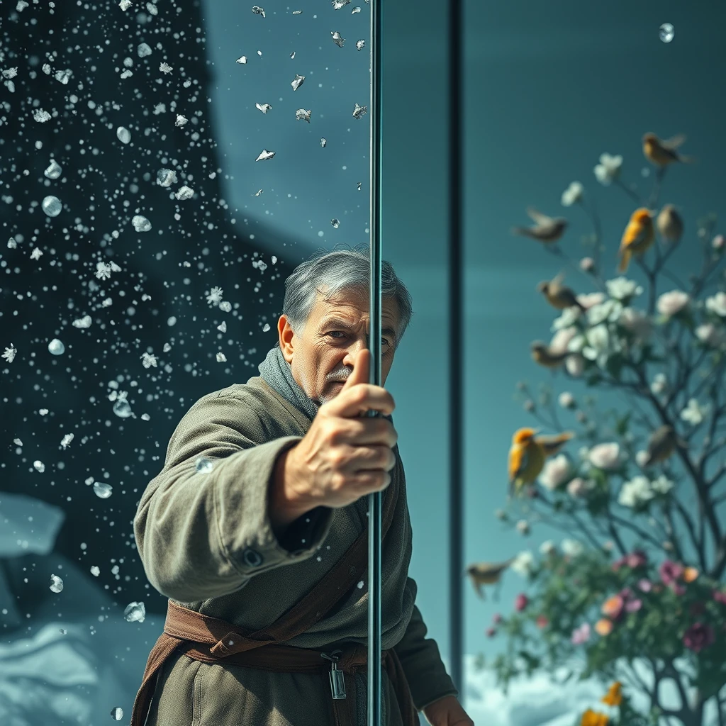 A huge transparent glass divides the image into two. On one side is a dim, icy world filled with snow, where a middle-aged man dressed in thin clothing, looking haggard and weary, with deep-set eyes, stands in front of a massive transparent wall, pounding on the glass with all his might. On the other side of the glass is a vibrant world filled with the sounds of birds and the scent of flowers, bathed in bright sunshine.