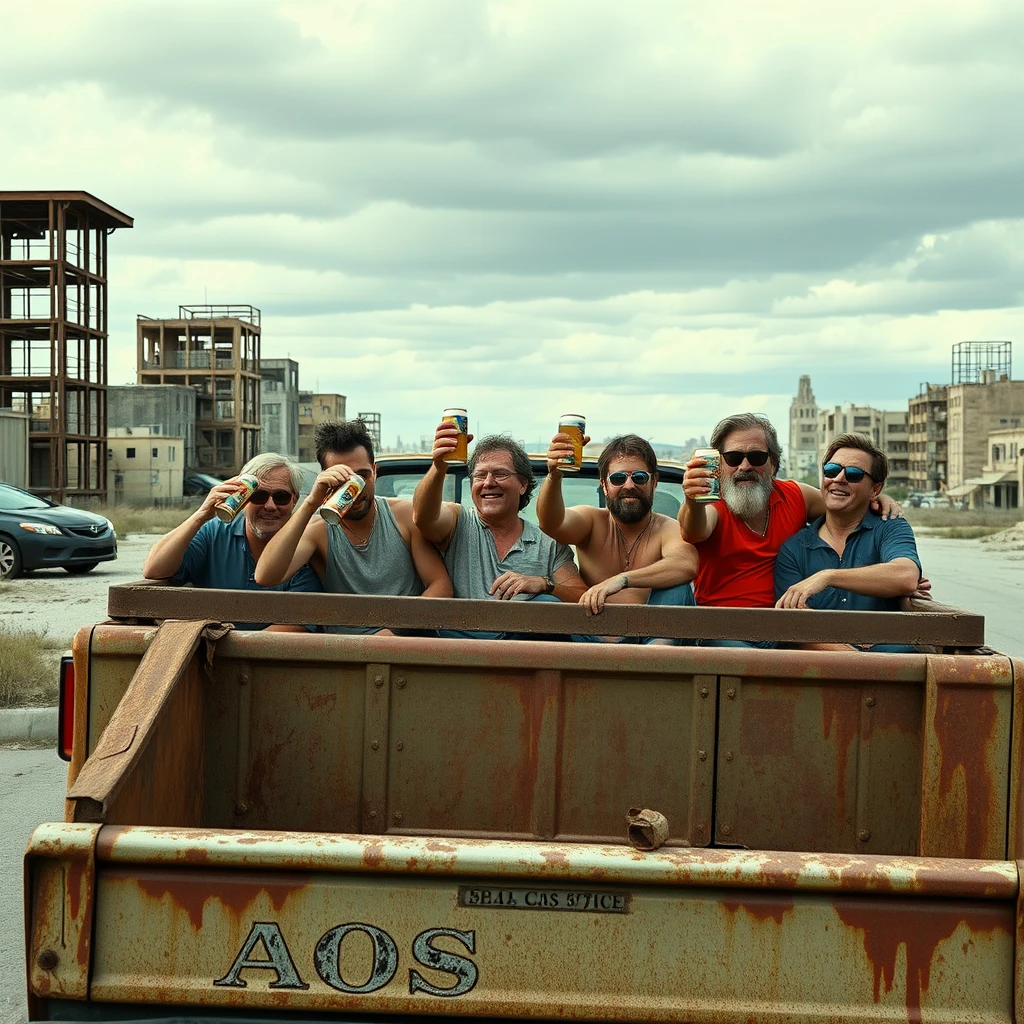 A visually intoxicated bunch of morons riding in the back of a pickup truck, toasting with beer cans. The truck drives through an abandoned city, is very rusty, and has the letters "AOS" printed on the side.