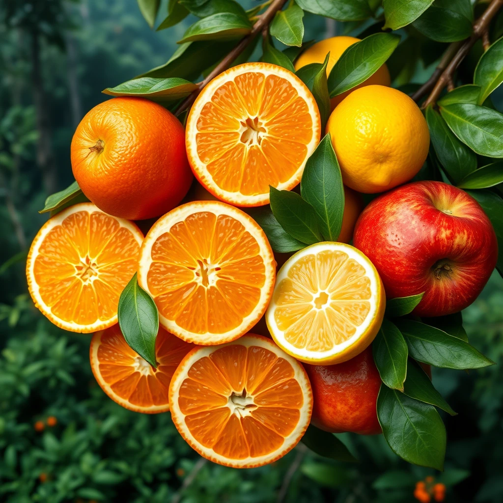 fresh oranges, red apples, and bright yellow lemons  
juicy and ripe, sliced open  
rainforest background