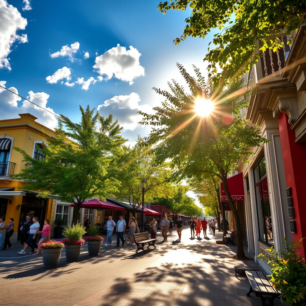 Sunny street, bright sunlight, clear blue sky, fluffy white clouds, vibrant city life, pedestrians, colorful buildings, outdoor cafes, flower pots, park benches, leafy trees, fluttering leaves, golden hour, warm tones, shadows and highlights, detailed textures, high dynamic range, sharp focus, naturalistic style, urban exploration, sunny day atmosphere, lens flare, shallow depth of field. - Image