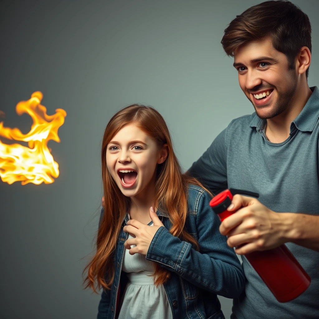 A 20-year-old smiling white Italian man is using a fire extinguisher as a flamethrower on a green-eyed redhead girl, who is screaming.