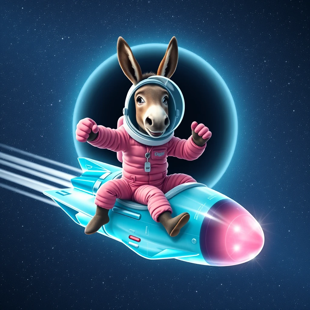 An ambitious donkey wearing pink astronaut costume, riding on a crystal light cyan stunning spaceship, making a punching gesture, flying to the outerspace under a clear night sky with lots of shining stars, passing by a huge black-hole. Realistic style. - Image