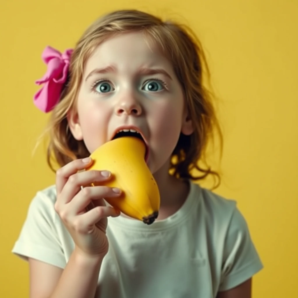 A girl with a banana and she is stunned, widening her mouth trying to swallow it but it’s too big.