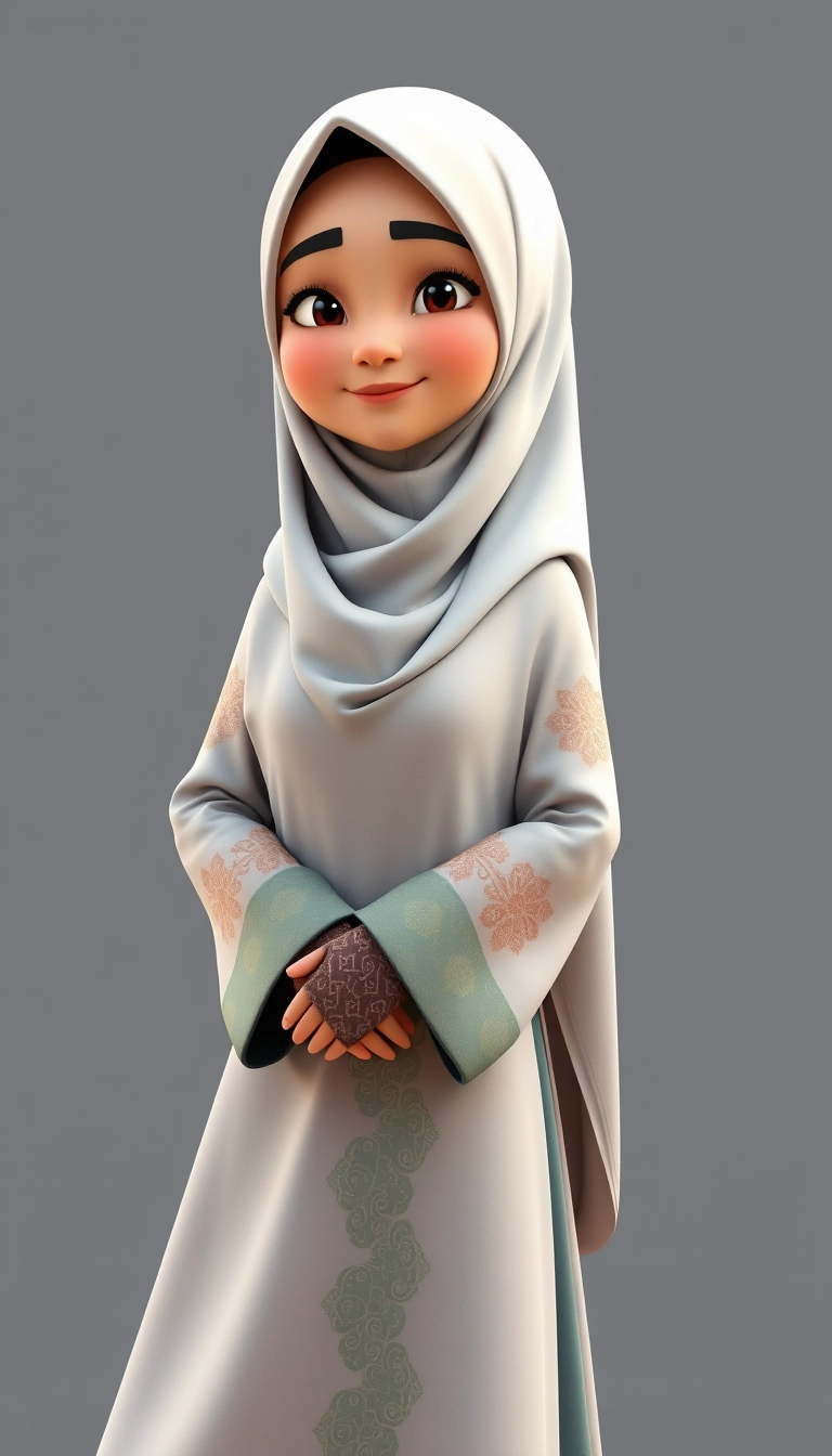 A 3D, 8k animated cartoon depiction of a Muslim woman from Palembang, wearing a traditional long songket and a long gown (gamis). She is adorned with a hijab that covers her chest and wears batik gloves covering her hands.