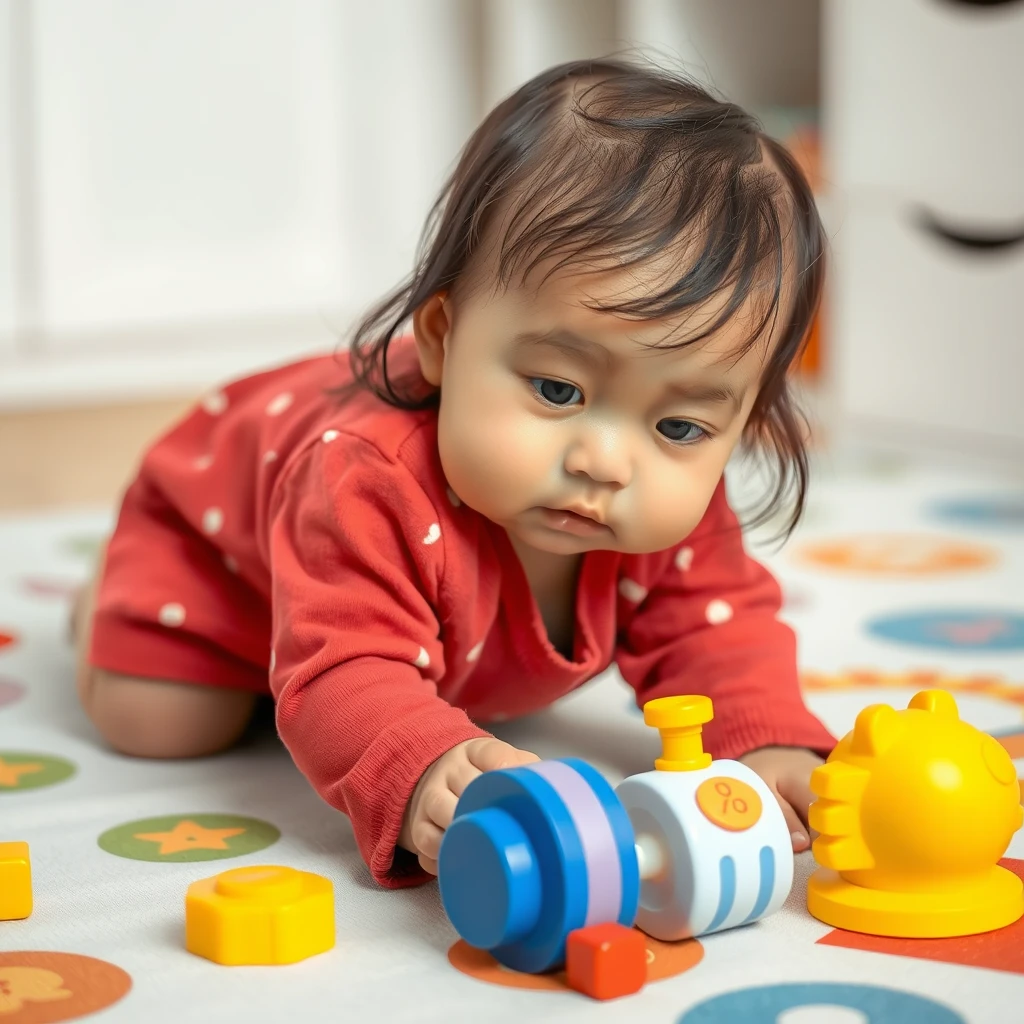 A chinese one-year-old girl is playing with toys on a crawling mat - Image