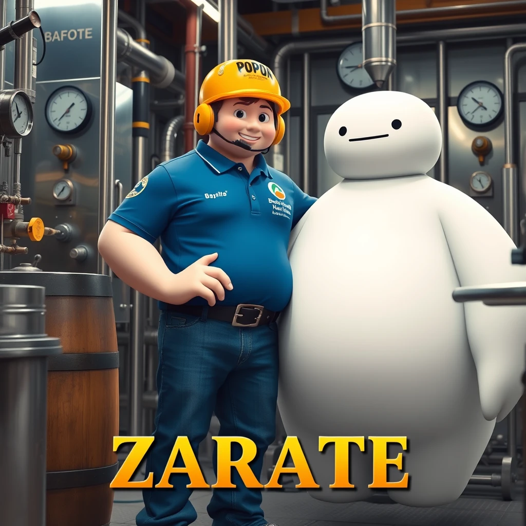 Baymax in a beer bottling plant surrounded by machinery, a barrel, gauges, dressed in a blue polo shirt, with the logo of the international company Bureau Veritas, blue jeans, and wearing a yellow helmet that has the word POPON written on it, and below in the photo the caption in beautiful letters ZARATE. - Image