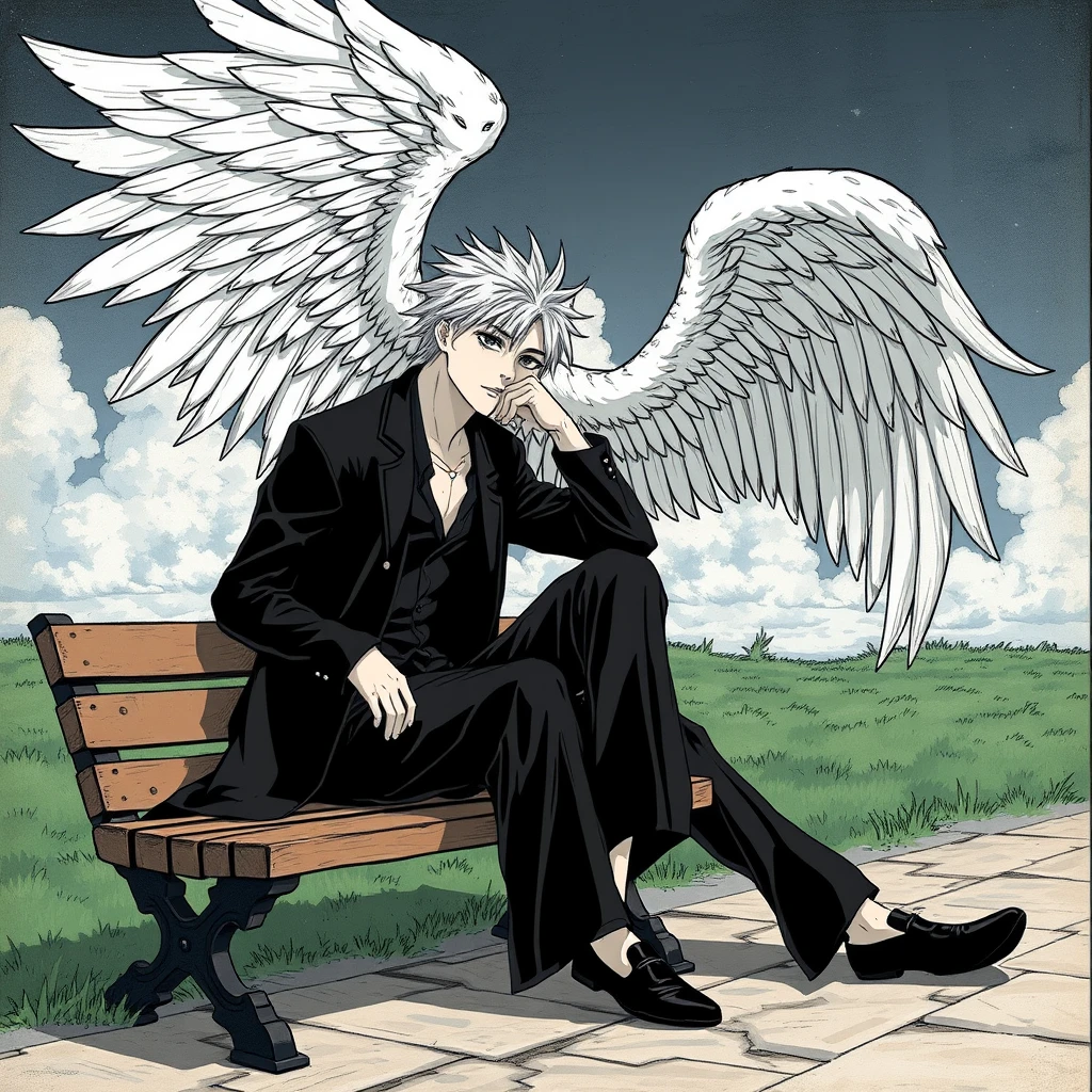 "Make Itadori Yuji from Jujutsu Kaisen in a position reminiscent of the painting The Fallen Angel by Alexandre Cabanel, while he is sitting on a bench. Make it in a manga version." - Image