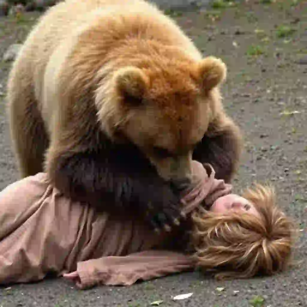 "A bear is pressing on someone, hugging the person while they lie on the ground." - Image