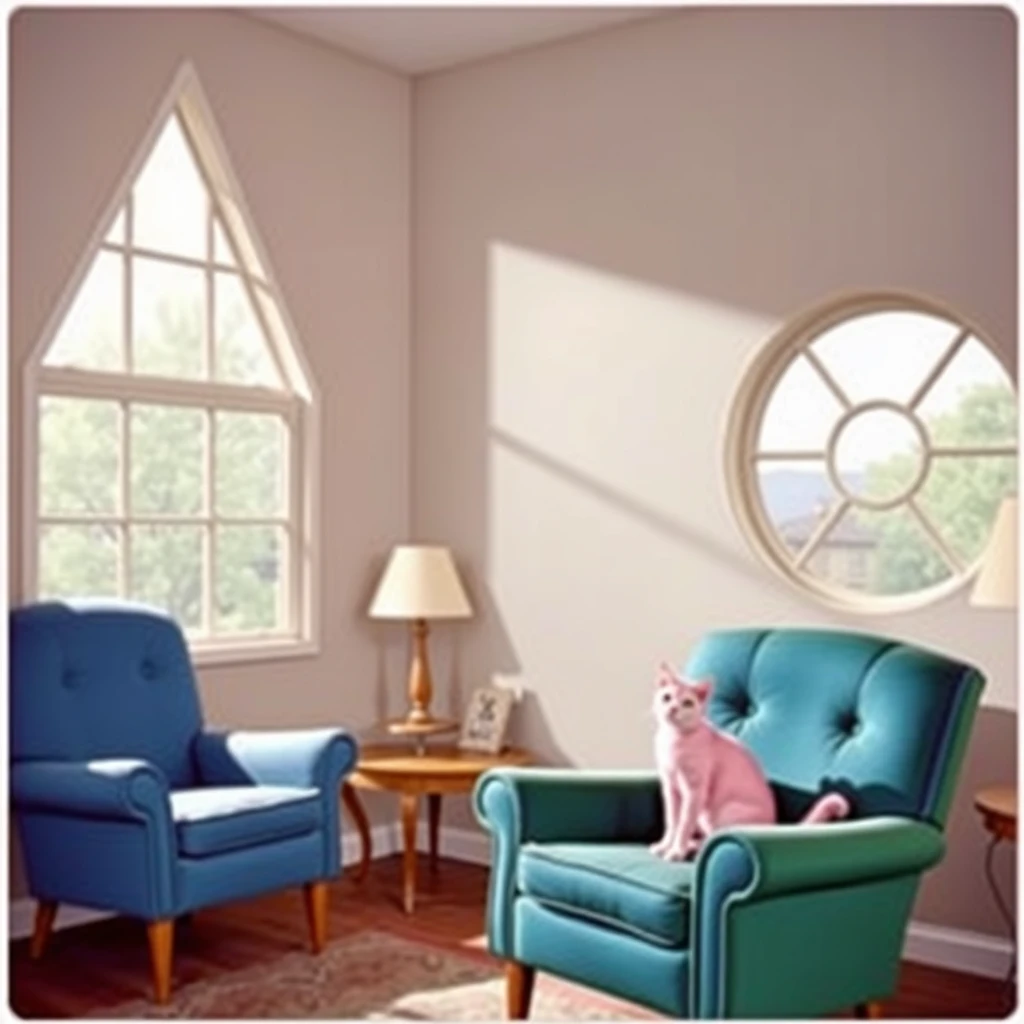 A living room in 1950, blue chair on the left and green chair on the right, triangle-shaped window on the left and a circular window on the right, a pink cat is sitting on the blue chair.