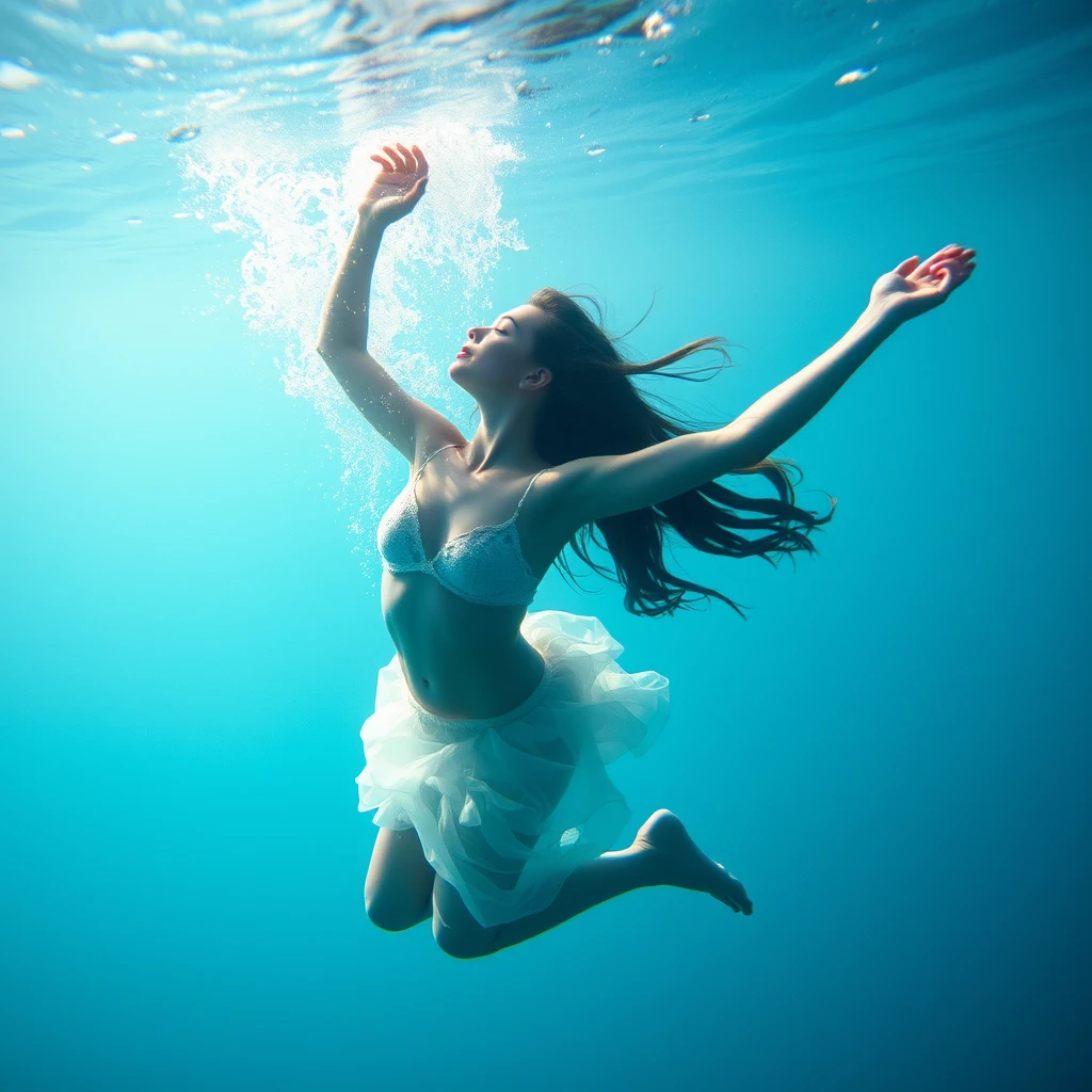 A symbolic photo: A young woman dancing underwater. Life and sensitivity. Perfection. Beauty. Attraction. - Image