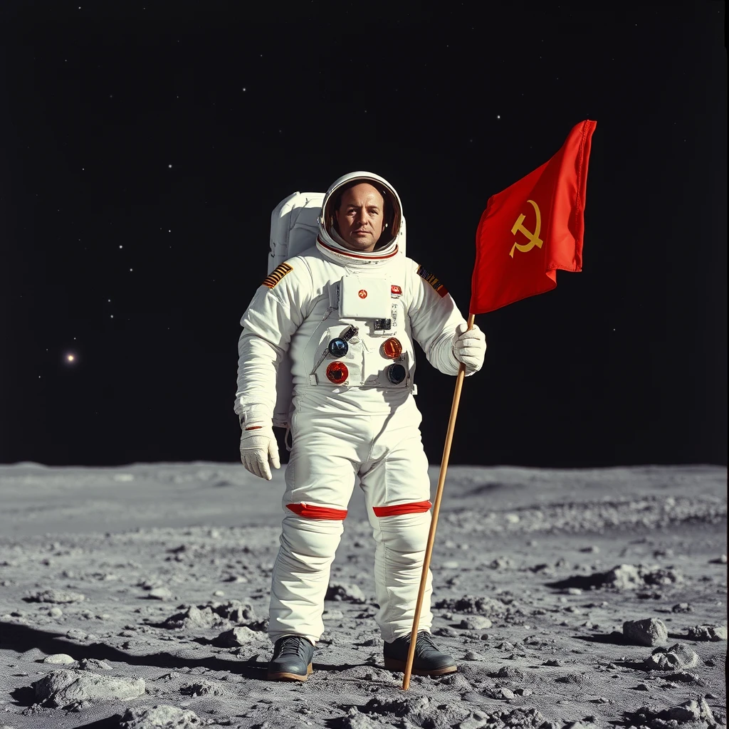 Soviet cosmonaut in a space suit standing on the Moon, looking at the viewer. In his right hand he holds the pole of a flag of the Soviet Union, clearly visible next to him. Behind the cosmonaut, in the background, there is a black sky with bright stars, and galaxies in the distance.