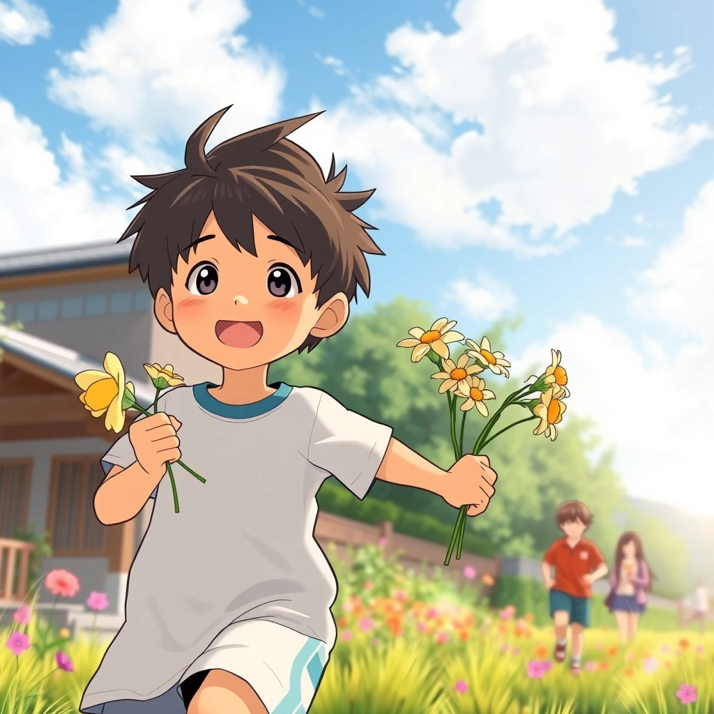 Youth, holding flowers, running, animation, realism, Japan, summer, a person, boys - Image