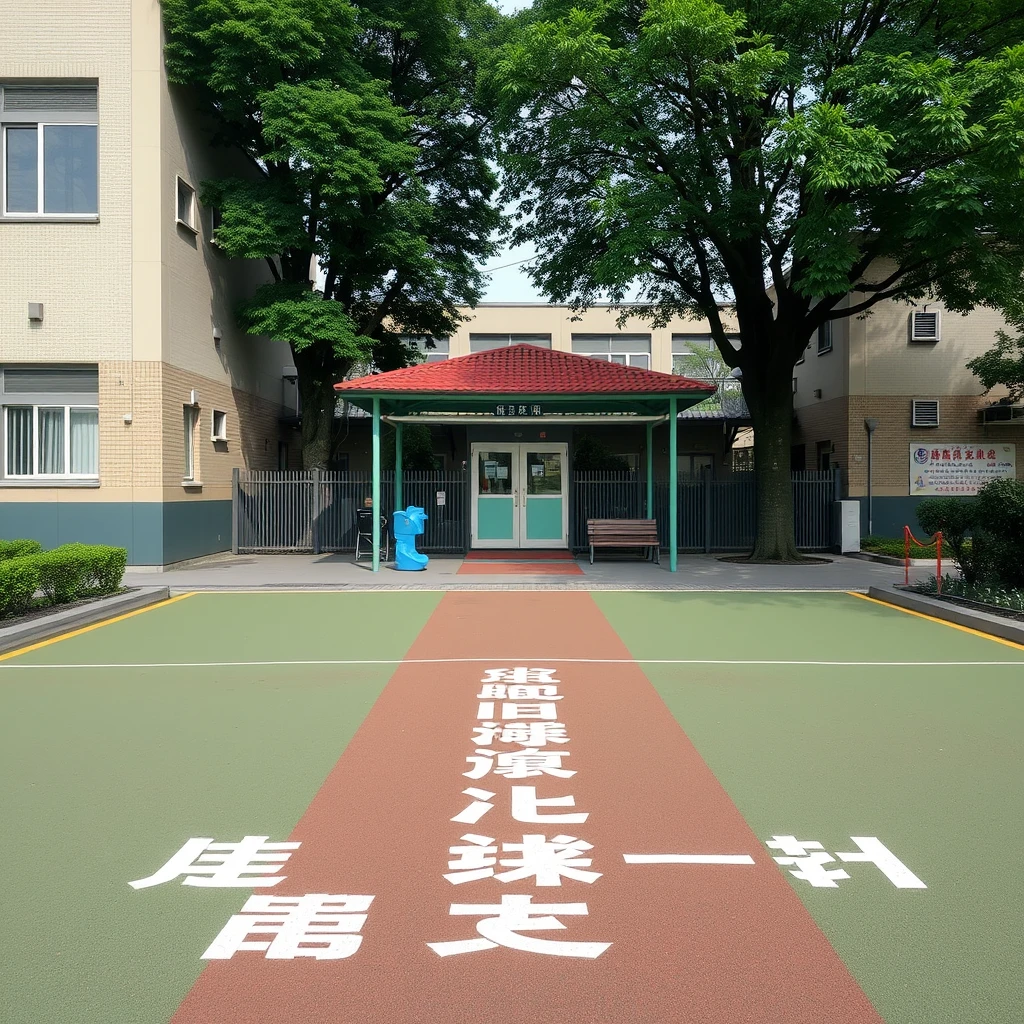 On the playground of the school, there are Chinese characters and Japanese.