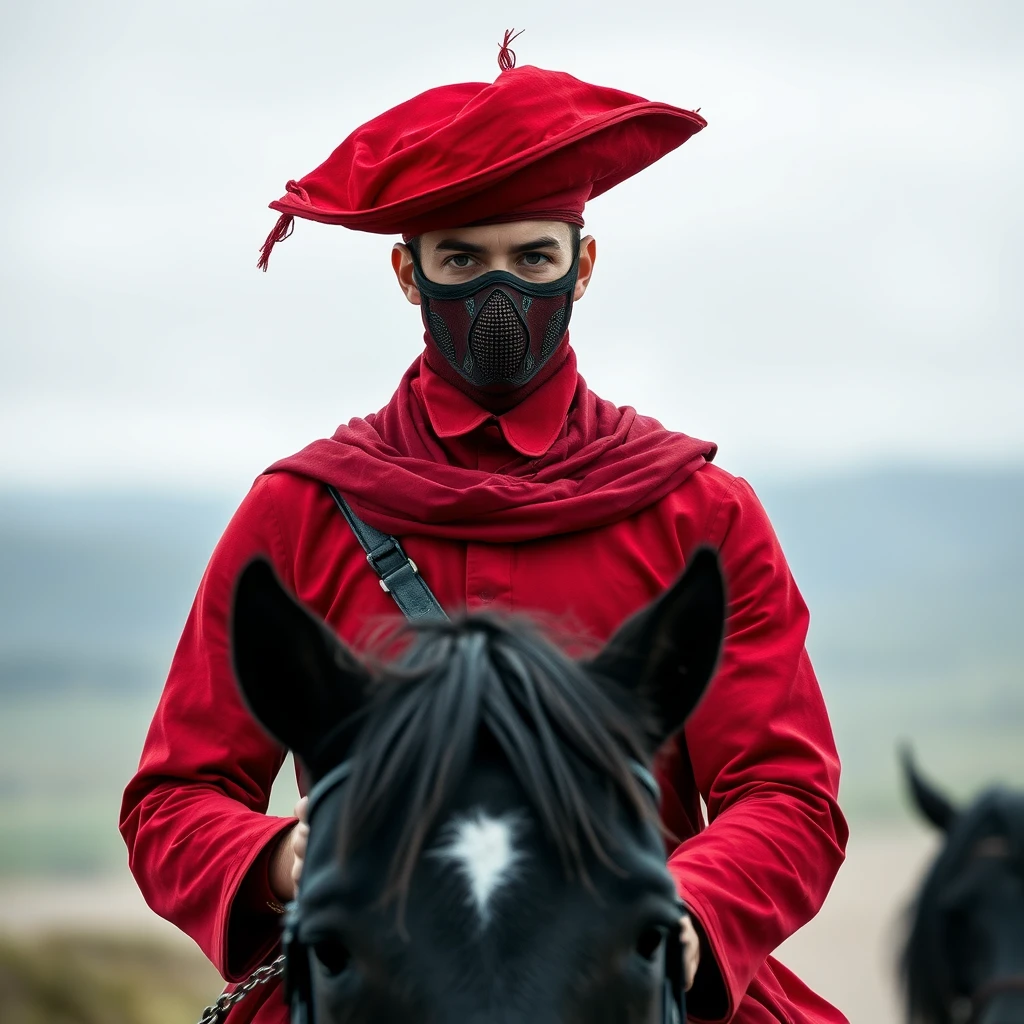 A beautifully handsome man in red is wearing a mask that covers half of his face, riding on a black steed, full-body shot, distant view. - Image