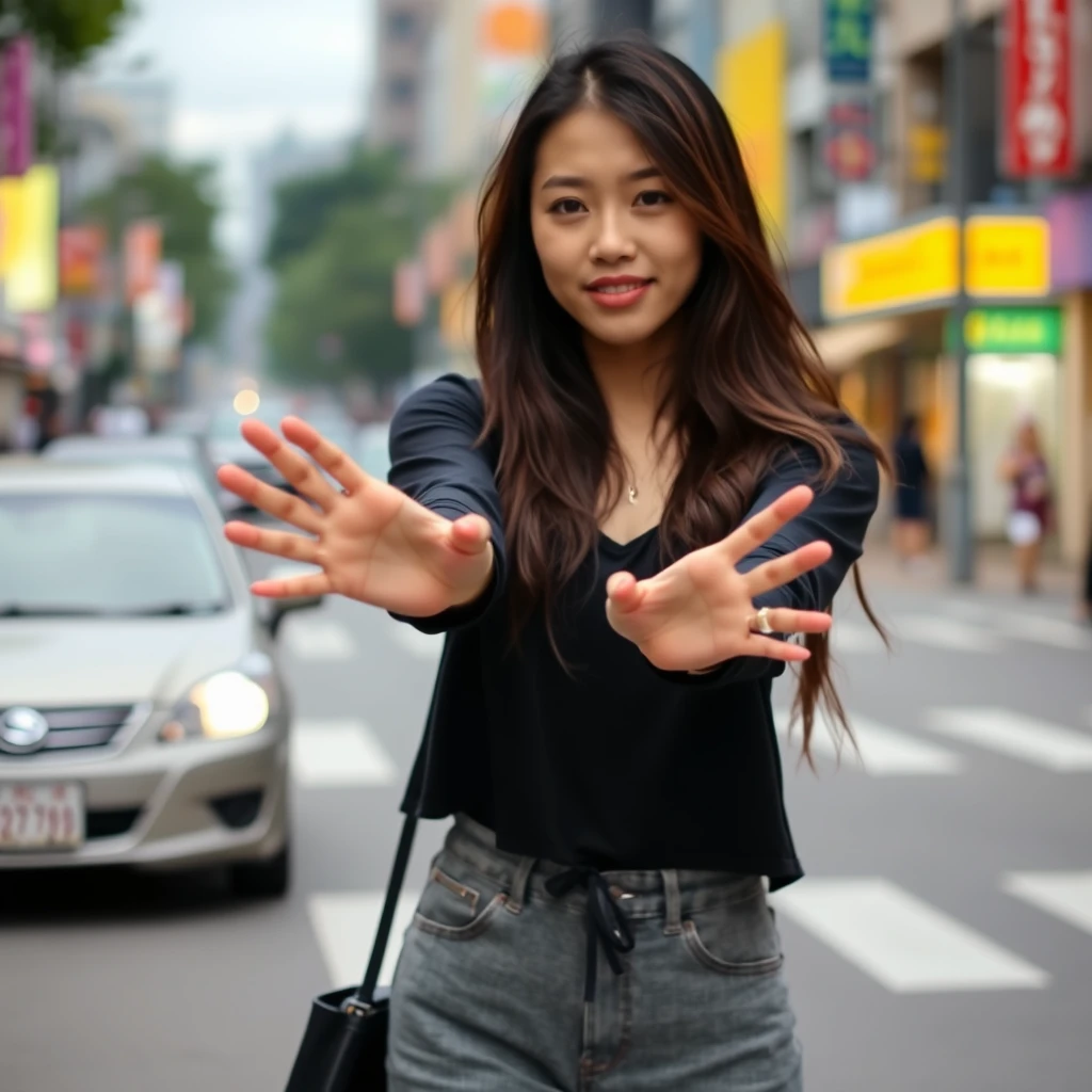 Asian woman holding hands out in the middle of the street.