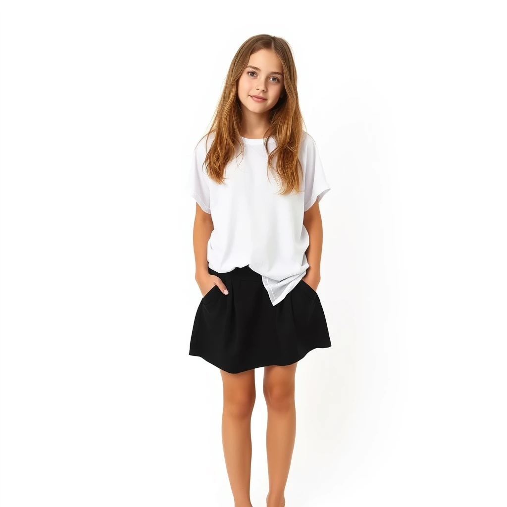 Create a photo: A 16-year-old teenage girl is wearing a loose black mini skirt and a white T-shirt and is barefoot. She is fully visible and is looking at the viewer. The background is white. - Image