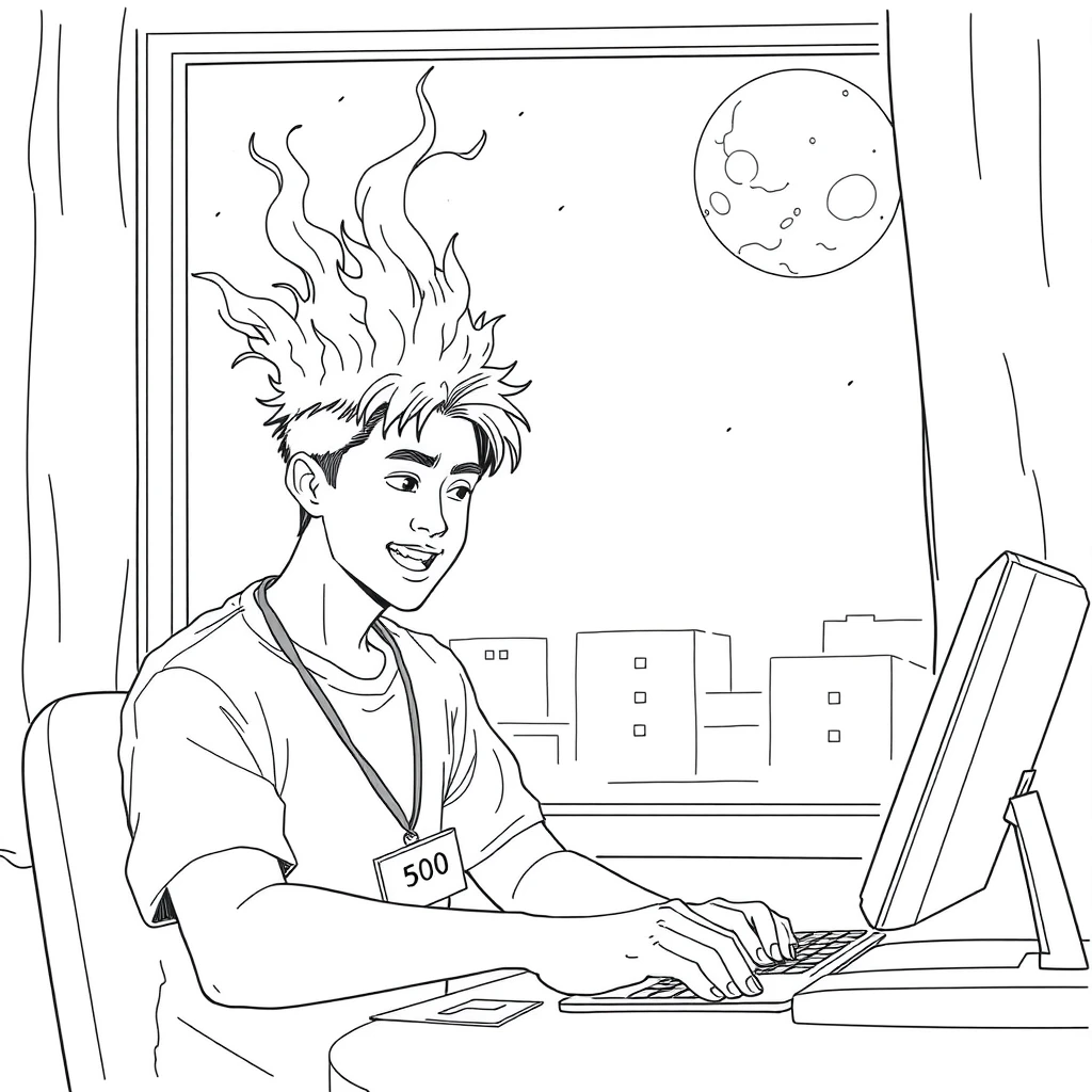 lineart comic, A young Asian man working like crazy, his head on fire, the moon outside the window. The man had an ID tag that said "500."