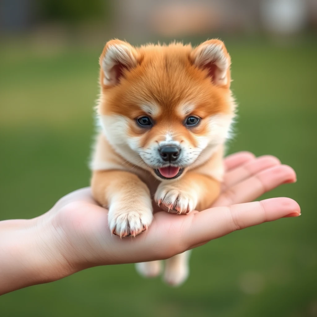 A very very very small cute Akita dog on four in a hand.