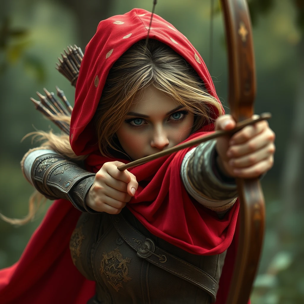 Photo realistic: Fantasy heroine with a red cape aims with a longbow.