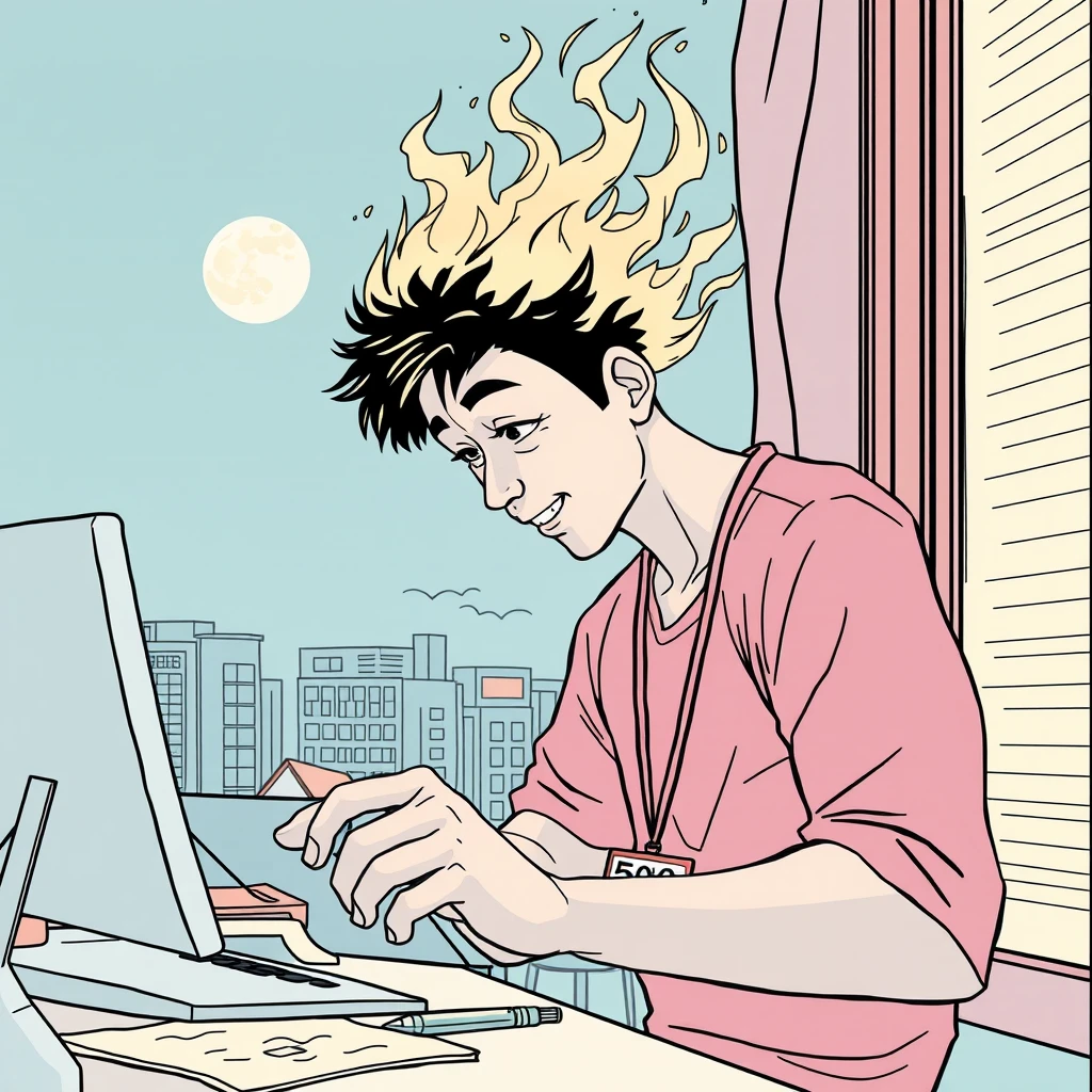 lineart comic, A young Asian man working like crazy, his head on fire, the moon outside the window. The man had an ID tag that said "500." - Image