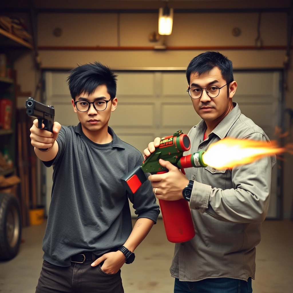 [21-year-old young white Chinese man with long black fringe mullet, square glasses, holding a dangerous pistol]; [21-year-old white Italian man with round prescription glasses and short hair holding a very large fire extinguisher flamethrower], garage setting, both angry.