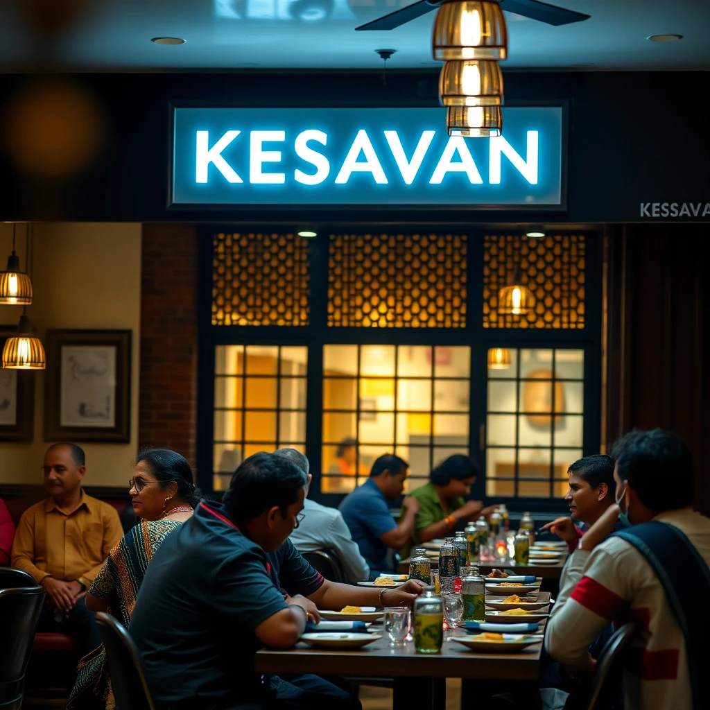 Scenery of Indian people eating in a minimalist traditional aesthetic Chettinad interior Indian restaurant with signage that reads "KESAVAN," bokeh, golden hour, with a white, dark blue, and maroon color theme.