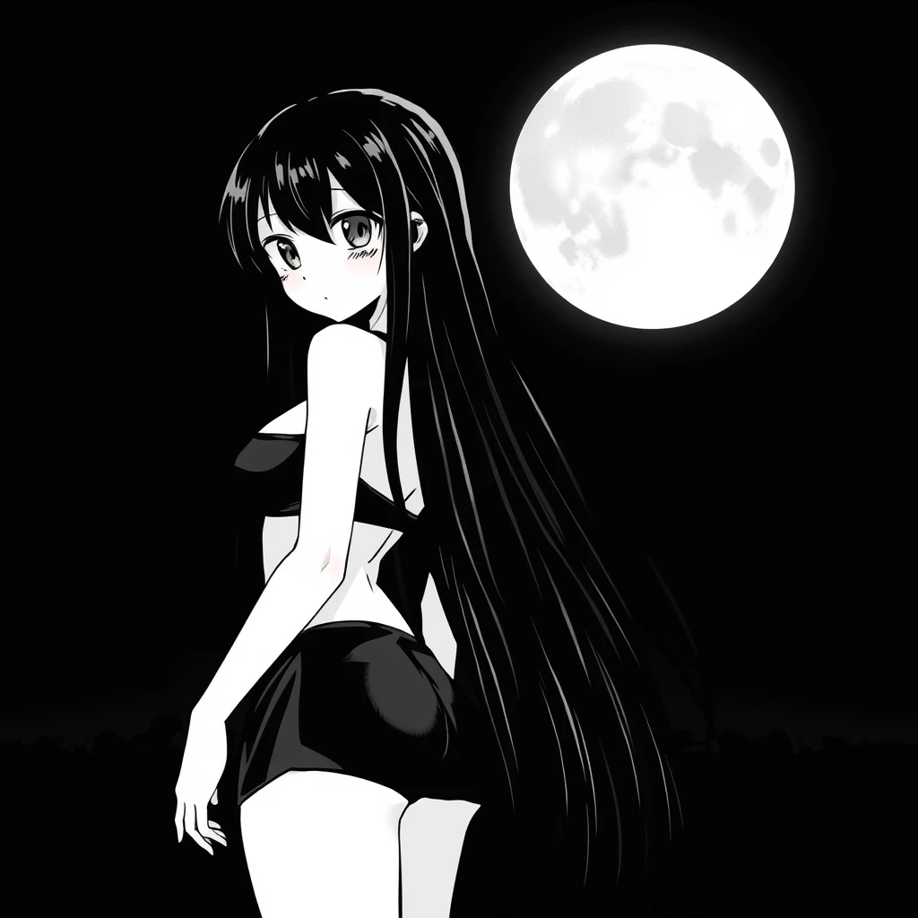 Girl with long, black hair in a black bikini. In the background, a black sky with a big, bright moon. Manga, grayscale.