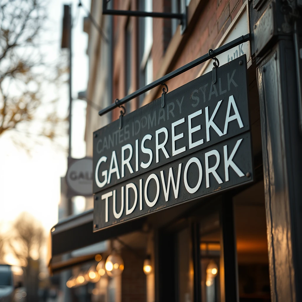 A shop at the street signage written "GARISREKA STUDIOWORK", bokeh, golden hour, outdoor. - Image