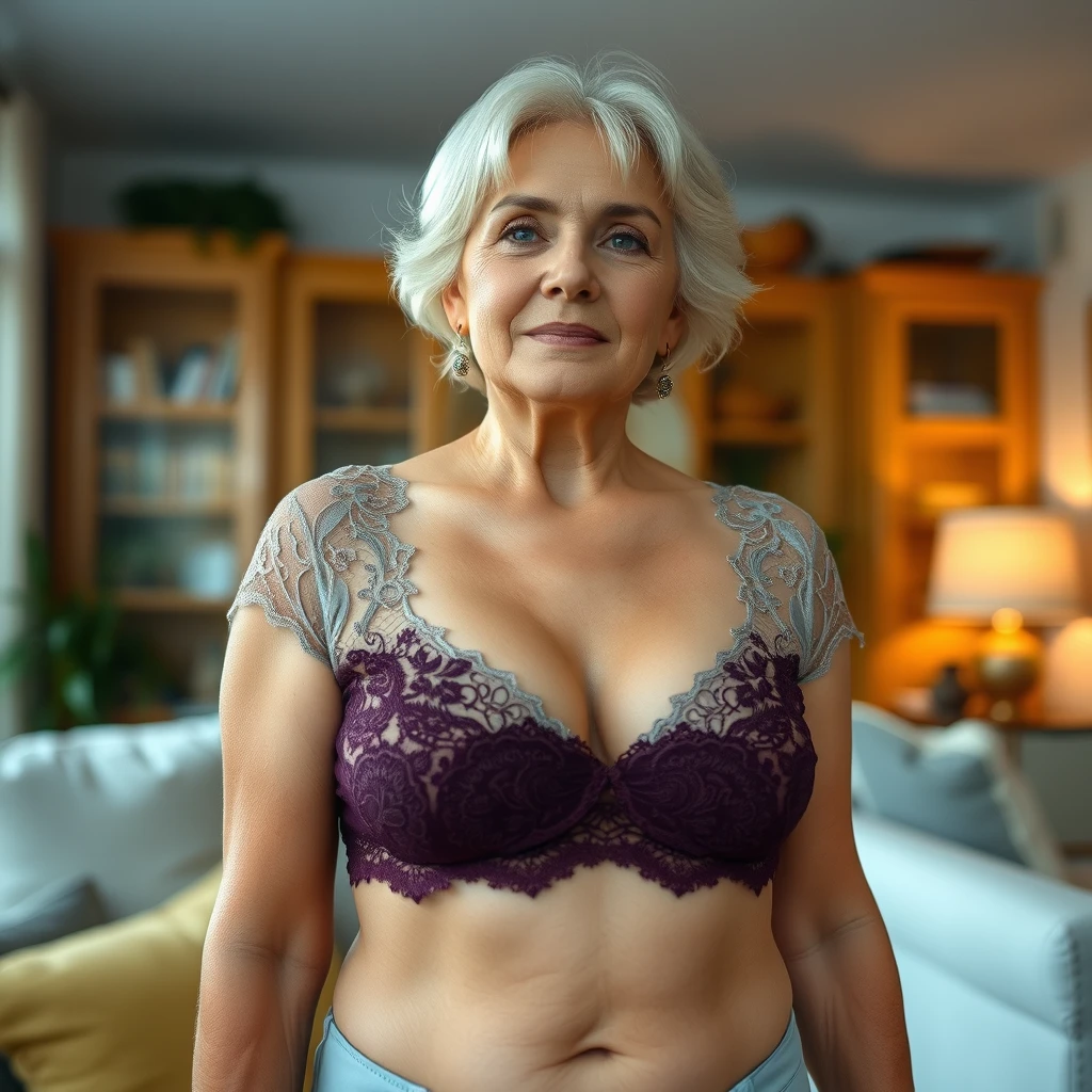 Older woman busty lace crop top in living room