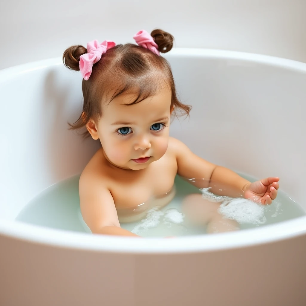 toddler girl taking bath in bathtub with clear water - Image