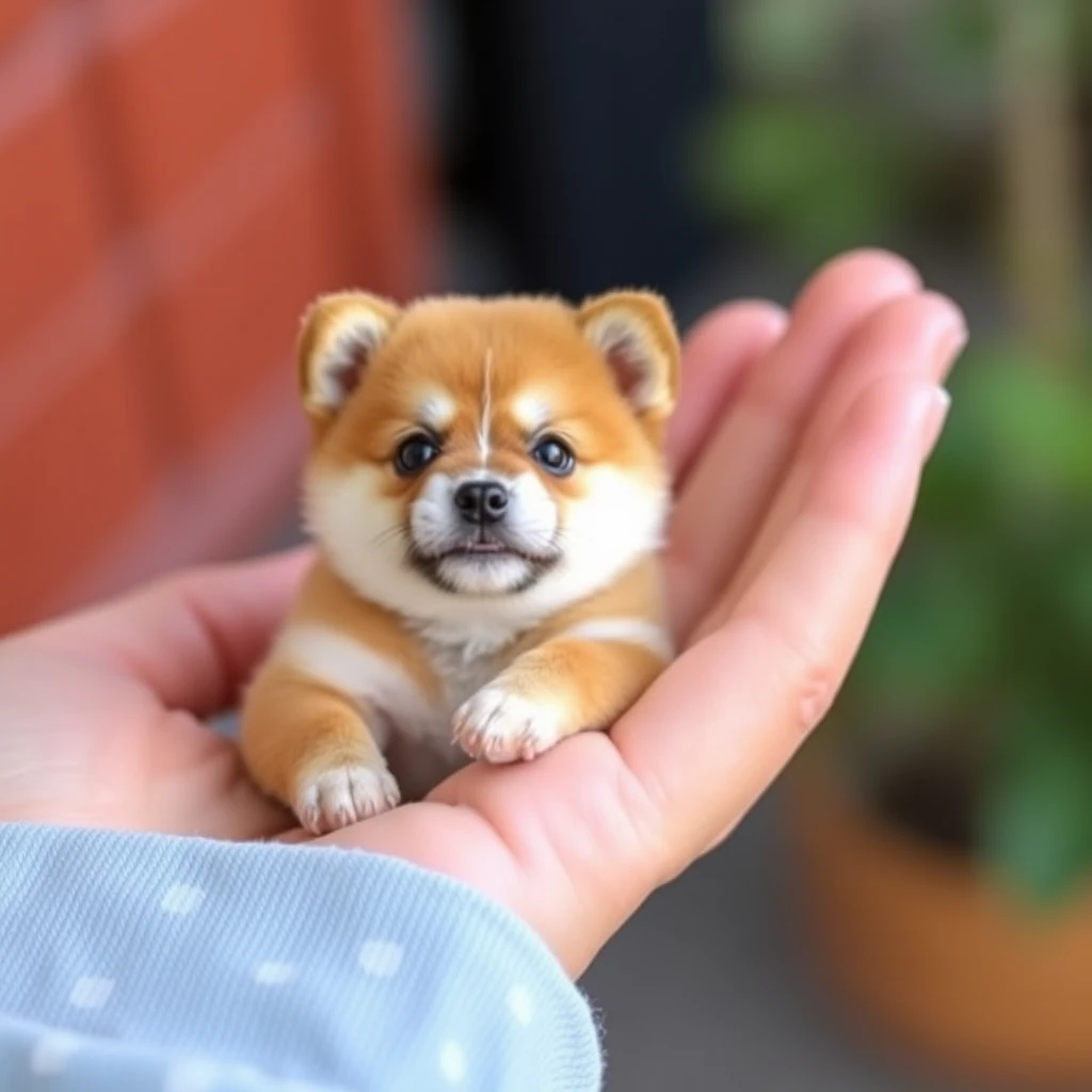 A very very very small cute Akita dog in a hand. - Image