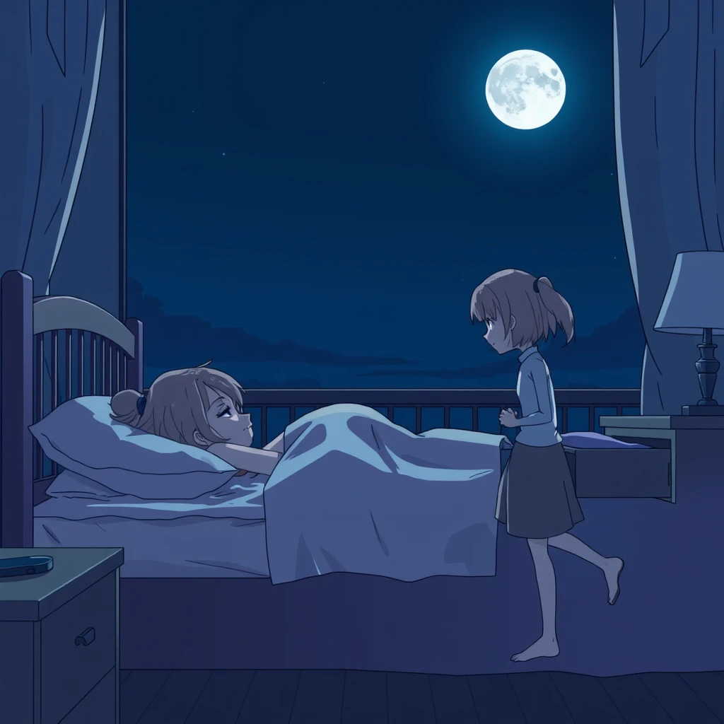 Side view of the bed where a woman is sleeping while her daughter is standing nearby, opening a drawer; dark night, moonlight, atmosphere, anime, outline. - Image