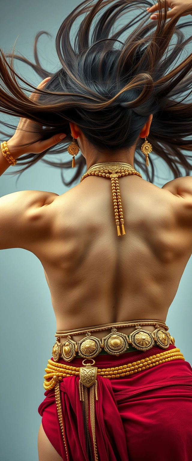 Close-up view of the back of a tall, heavily muscled Asian woman with fair skin, her hair flying in the air, adorned with numerous gold ornaments and chains around her waist, breasts, and neck, striking a yoga pose.