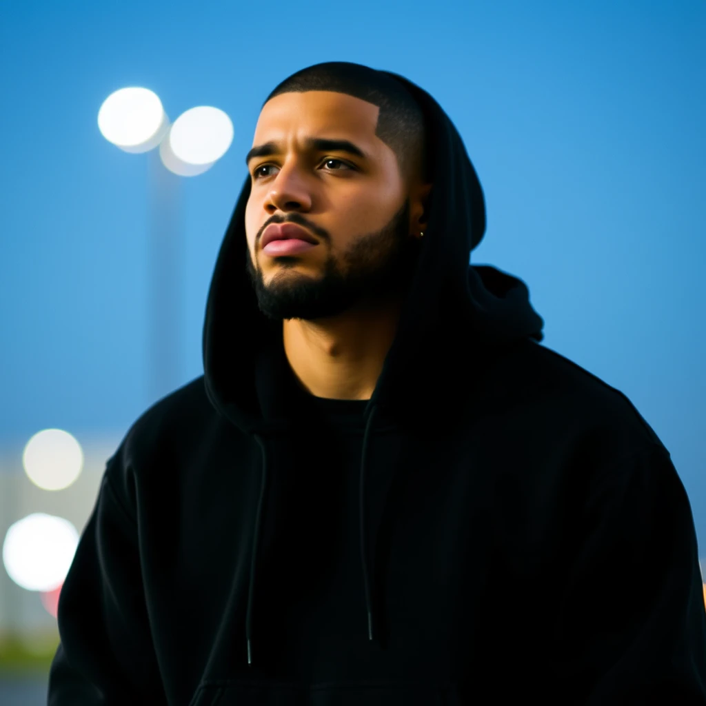 Drake Graham wearing a black hoodie. - Image