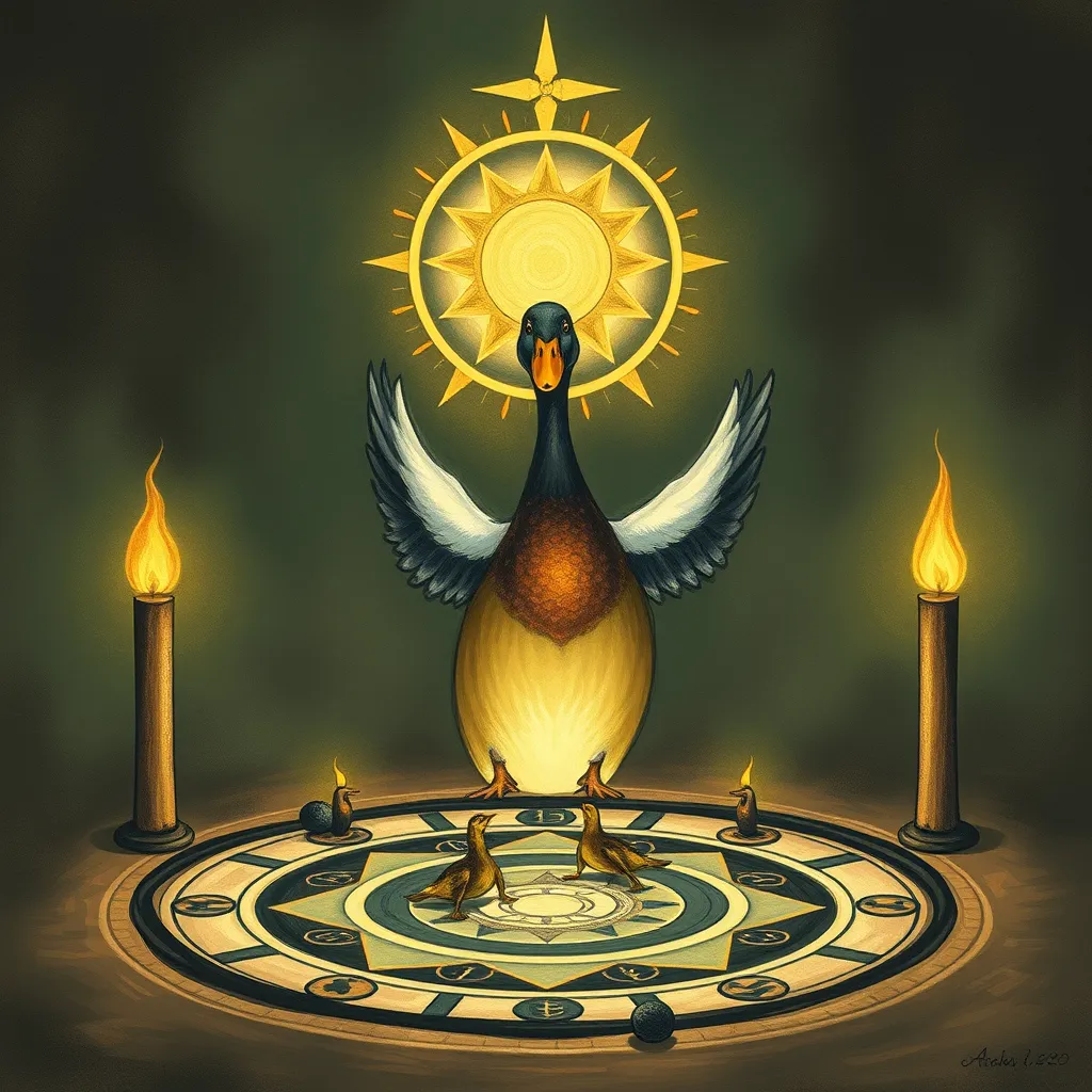 duck performing a ritual standing within a magic circle