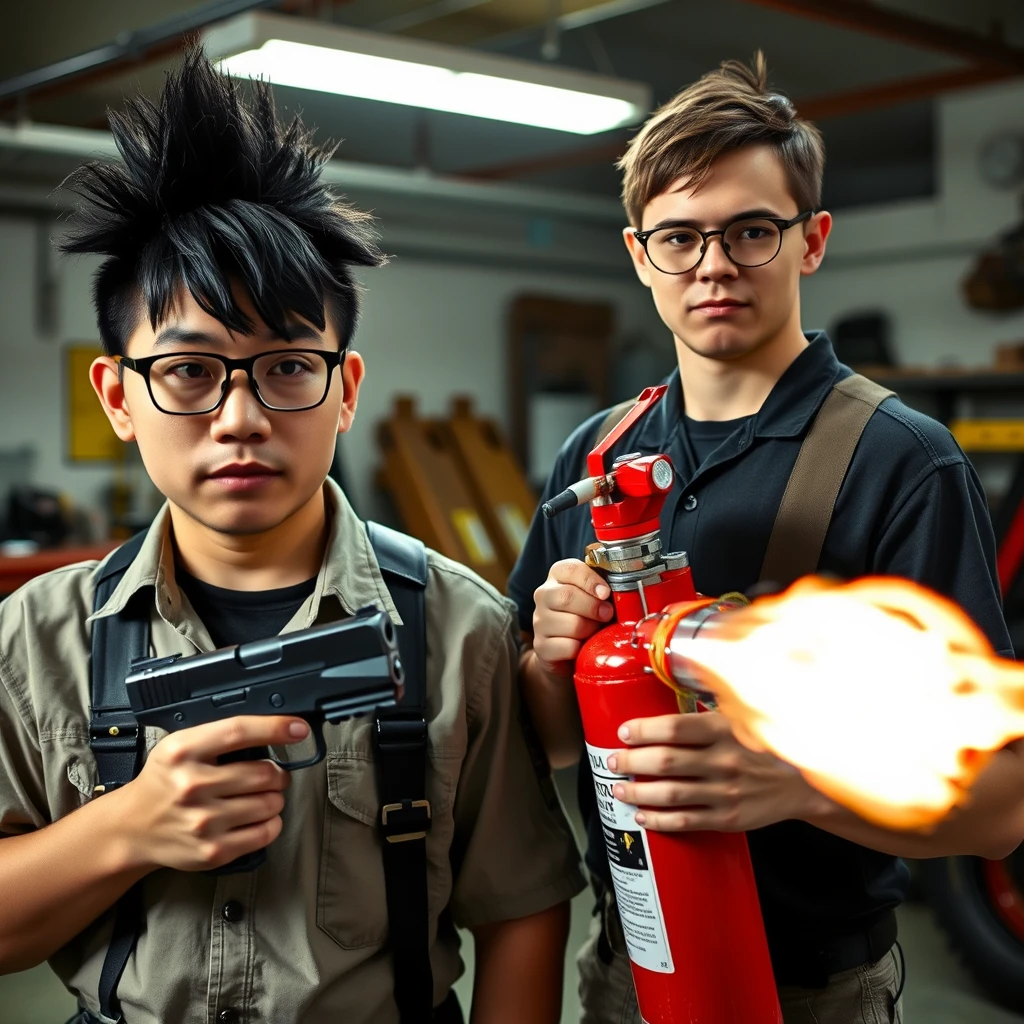 21-year-old white Chinese man wearing square glasses, long black fringe mullet, holding a pistol; 21-year-old white Italian man wearing round glasses and short hair holding a very large fire extinguisher flamethrower in a garage setting.