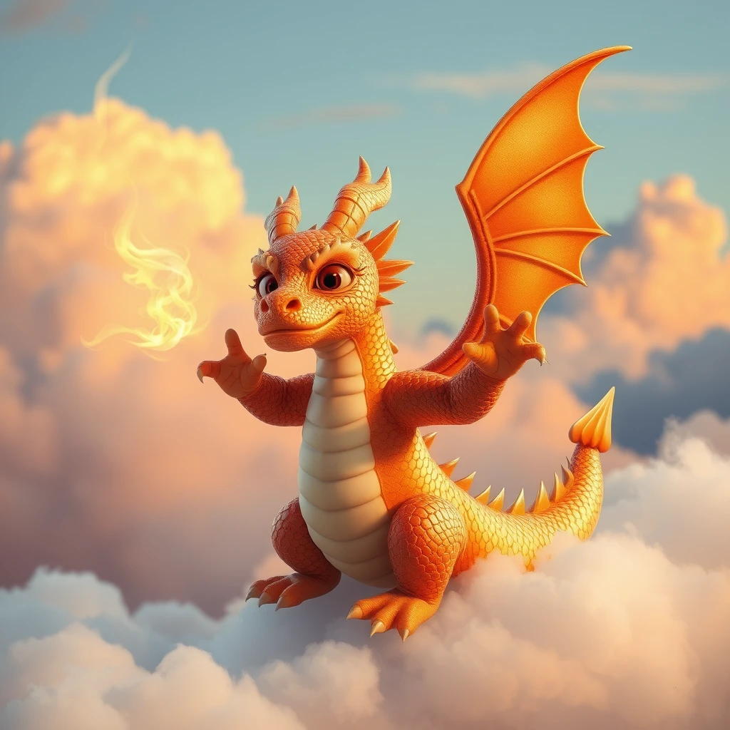 A baby dragon learning kung fu on the clouds.