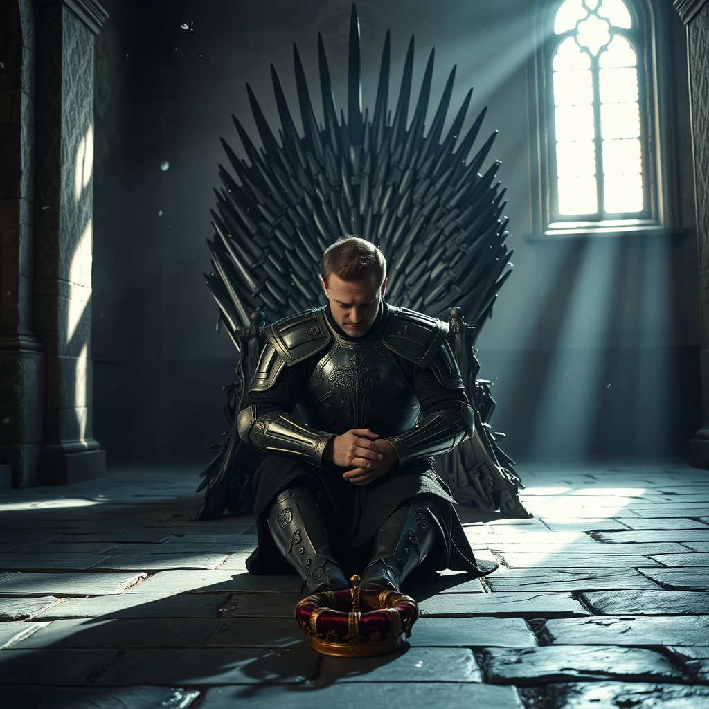 [Scene] This cinematic photograph, rich in texture and detail, captures a moment of profound piety within the cold, imposing grandeur of a medieval European throne room. The stark, metallic sheen of the Iron Throne, forged from the swords of conquered enemies, dominates the frame, its jagged edges casting sharp shadows across the stone floor. Light streams in through a high, arched window, illuminating dust motes dancing in the air and highlighting the textures of worn stone and polished steel.  
[Characters] In the center of the composition, a handsome and powerful king, clad in intricately-crafted plate armor, kneels in humble supplication before the Iron Throne. His head is bowed low, his armored hands clasped tightly together in prayer. The weight of his crown, resting upon the floor beside him, seems to symbolize the burden of his responsibilities and the humility of his faith. The image evokes a sense of both power and vulnerability, highlighting the duality of a king who is both a warrior and a servant to a higher power. - Image